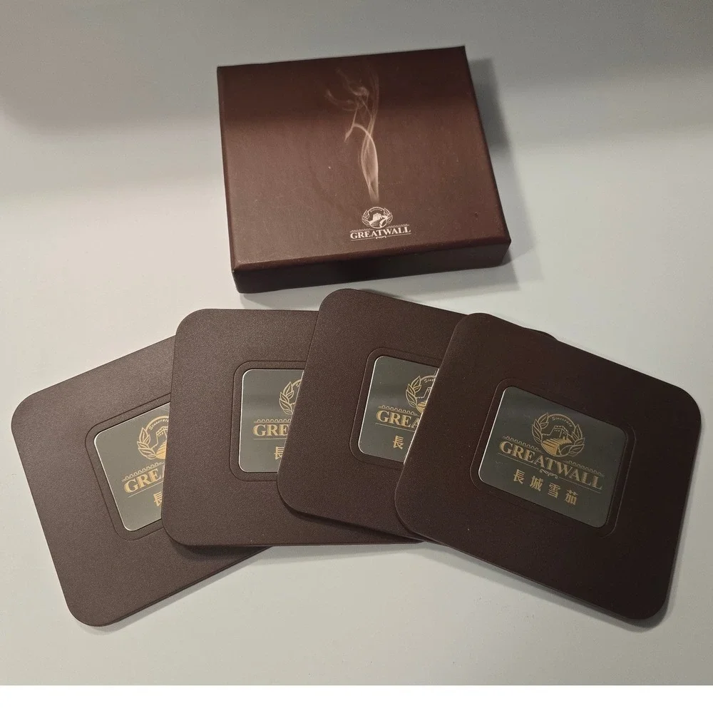 Great Wall Cigar Brown Coaster Set of‎ 4 with Original Box Silver Gold Logo